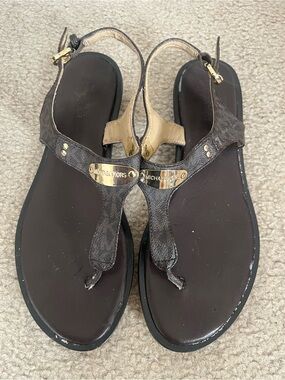 Michael Kors Dark Brown Logo Thong Sandals with Gold Plaque